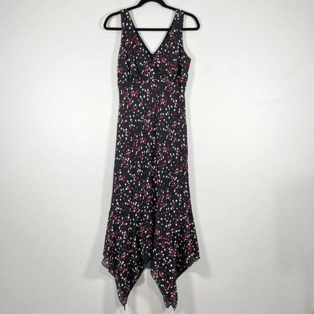 Jonathan Martin Polka Dot Dress SZ 10‎ Black Red Midi Chiffon Handkerchief Y2K